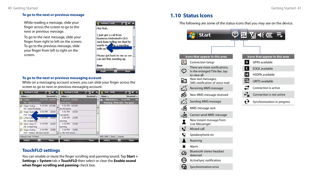 HTC HS S00 TouchFLO settings, To go to the next or previous message, To go to the next or previous messaging account 