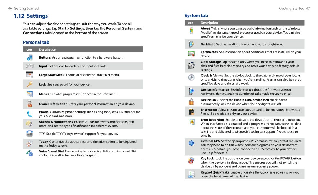 HTC HS S00 user manual Personal tab, System tab 