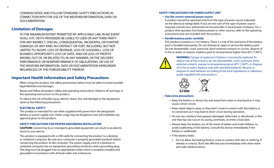 HTC HS S00 Limitation of Damages, Important Health Information and Safety Precautions, Handle battery packs carefully 