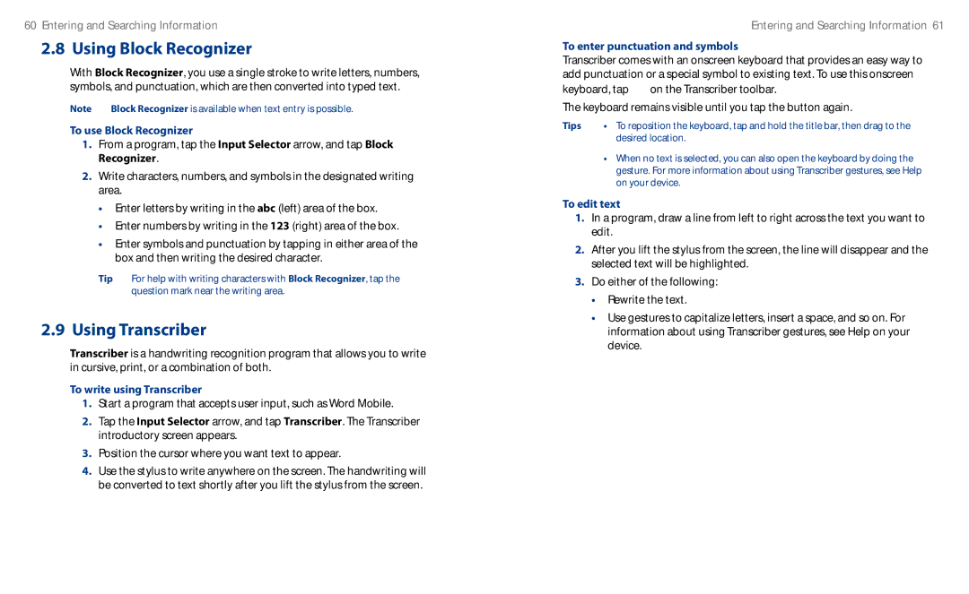 HTC HS S00 To use Block Recognizer, To write using Transcriber, To enter punctuation and symbols, To edit text, Tips 