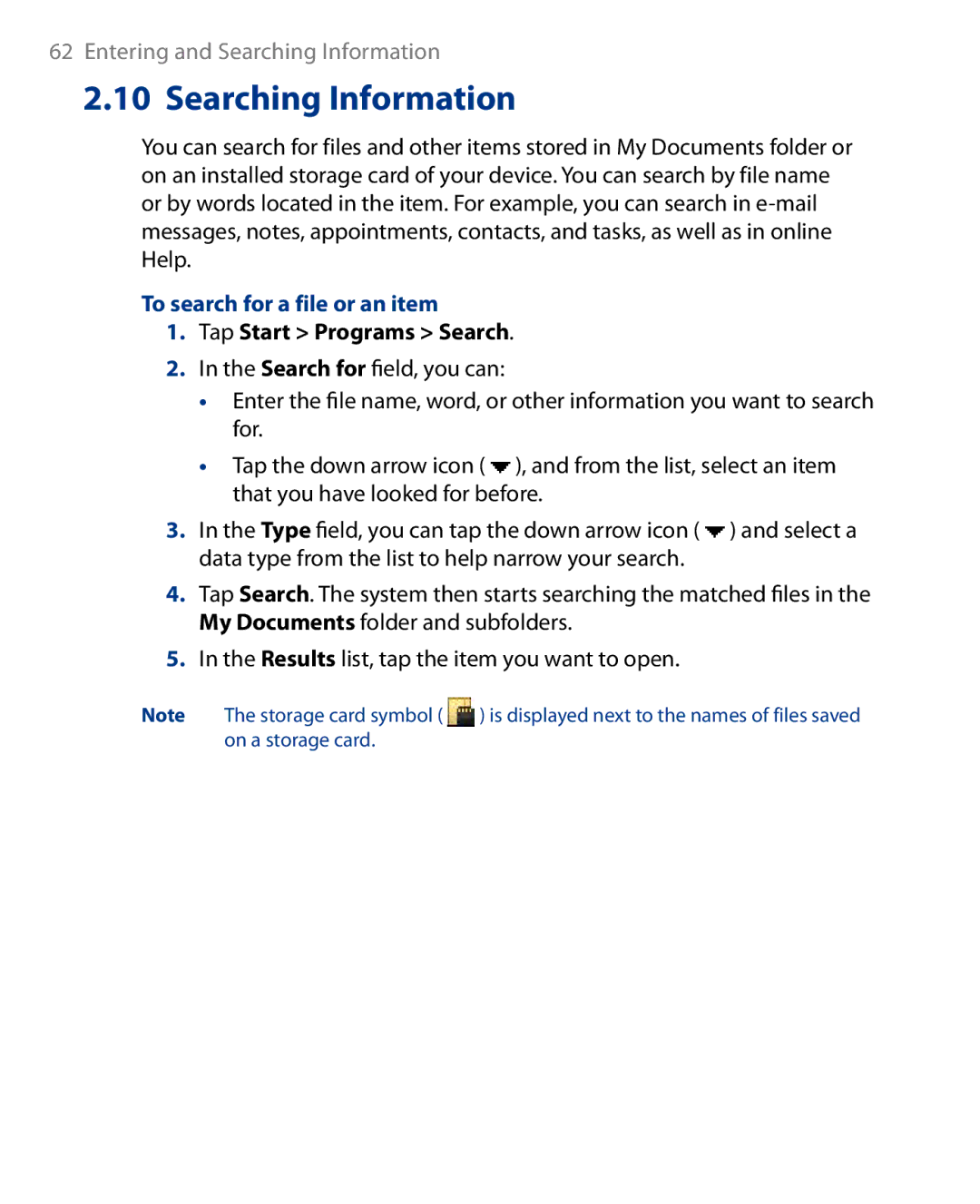 HTC HS S00 user manual To search for a file or an item, Tap Start Programs Search 