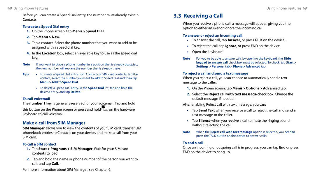 HTC HS S00 user manual Make a call from SIM Manager 