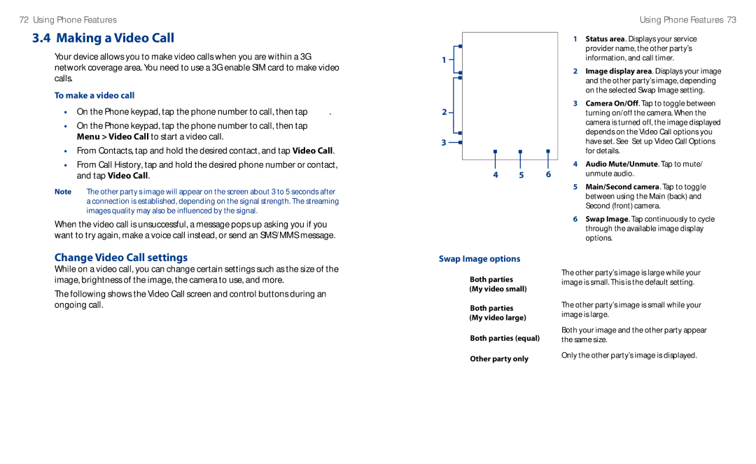 HTC HS S00 user manual Change Video Call settings, To make a video call, Swap Image options 