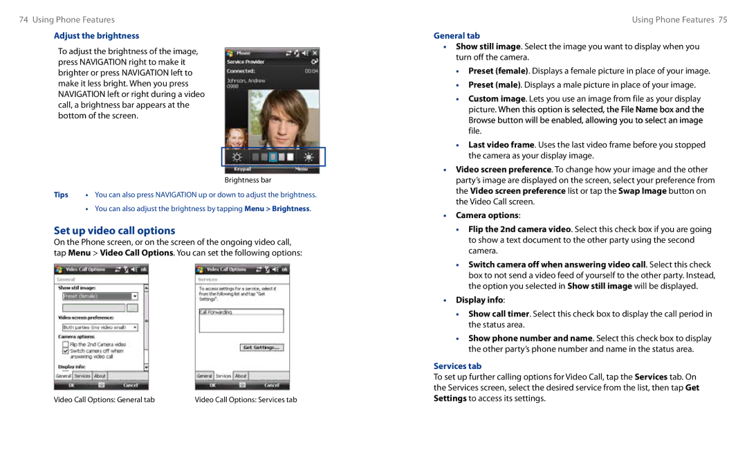 HTC HS S00 user manual Set up video call options, Adjust the brightness, General tab, Services tab 