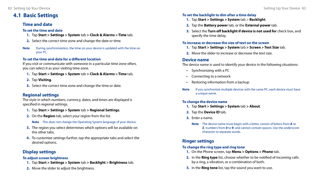 HTC HS S00 user manual Basic Settings 