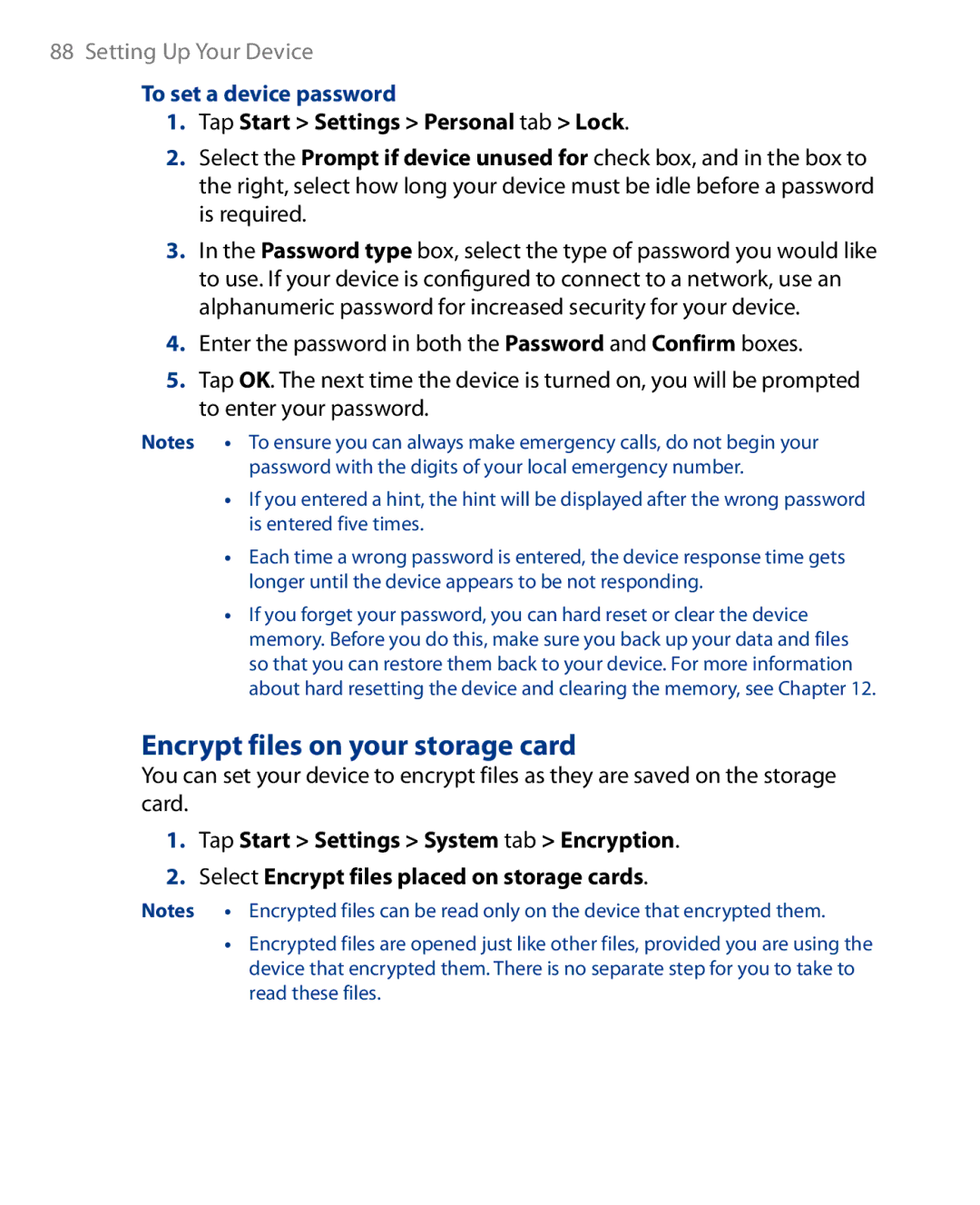 HTC HS S00 user manual Encrypt files on your storage card, To set a device password, Tap Start Settings Personal tab Lock 