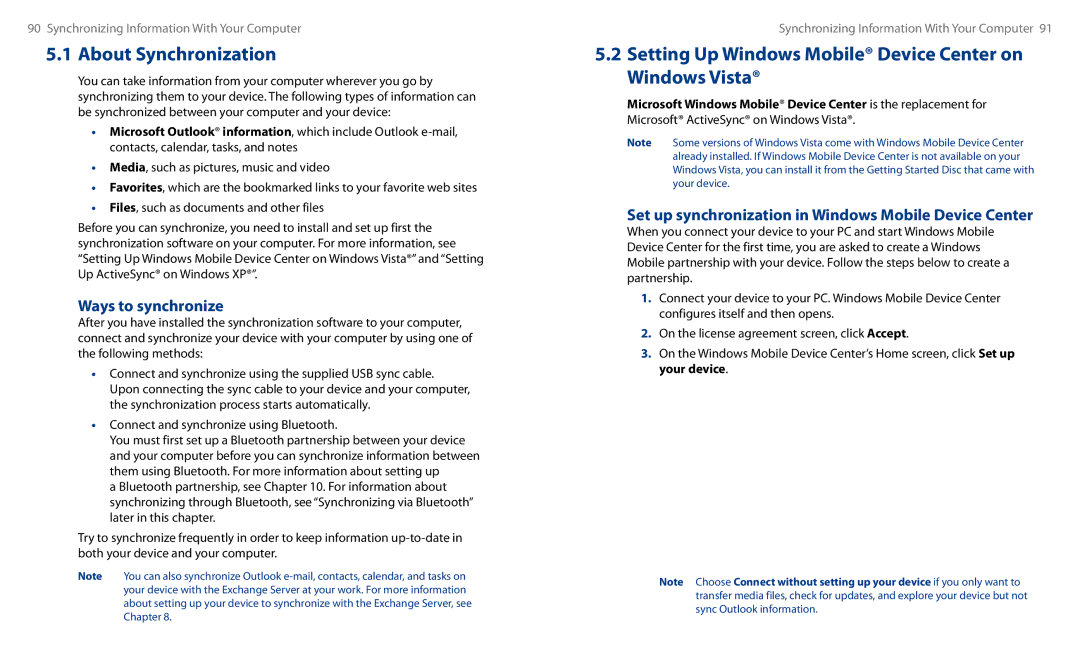 HTC HS S00 user manual Setting Up Windows Mobile Device Center on Windows Vista, Ways to synchronize 