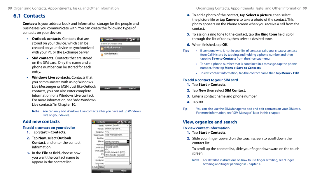 HTC HS S00 user manual Contacts, Add new contacts, View, organize and search 