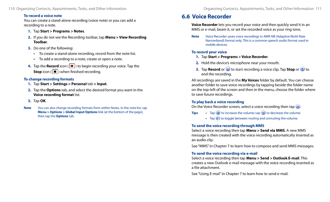 HTC HS S00 To record a voice note, To change recording formats, To record your voice, To play back a voice recording 