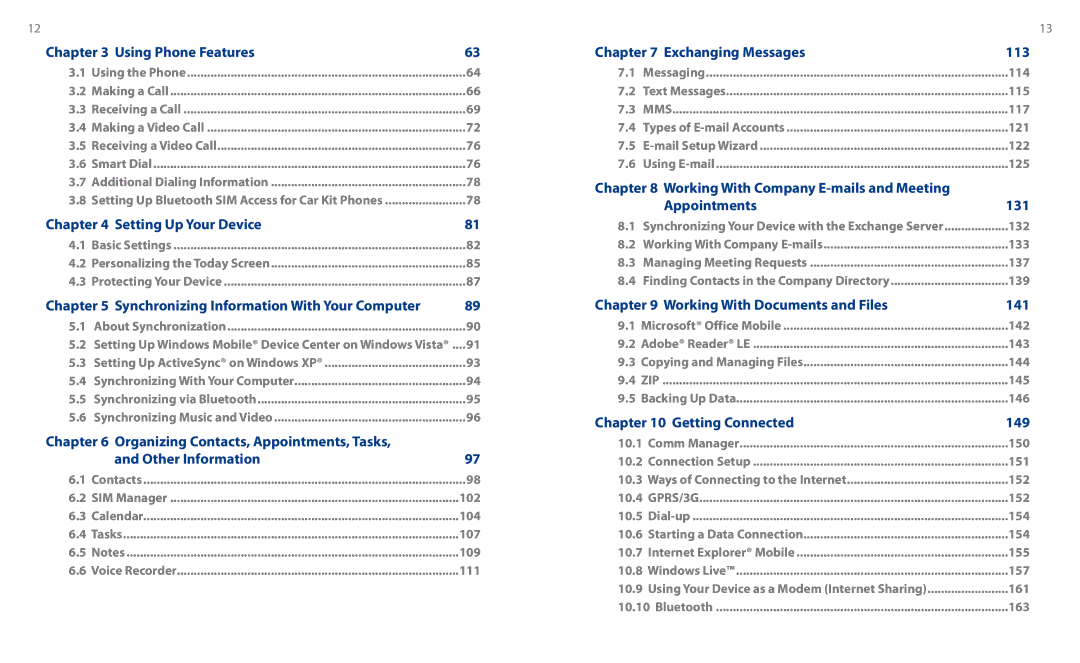 HTC HS S00 user manual 113, 131, 141, 149 