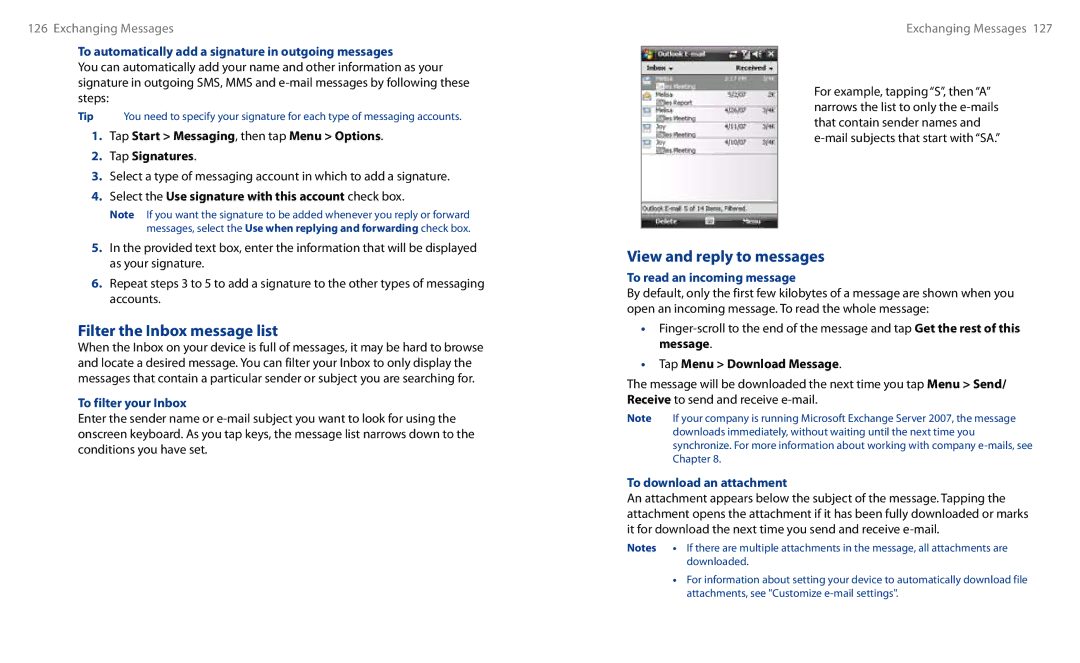 HTC HS S00 Filter the Inbox message list, View and reply to messages, To filter your Inbox, To read an incoming message 