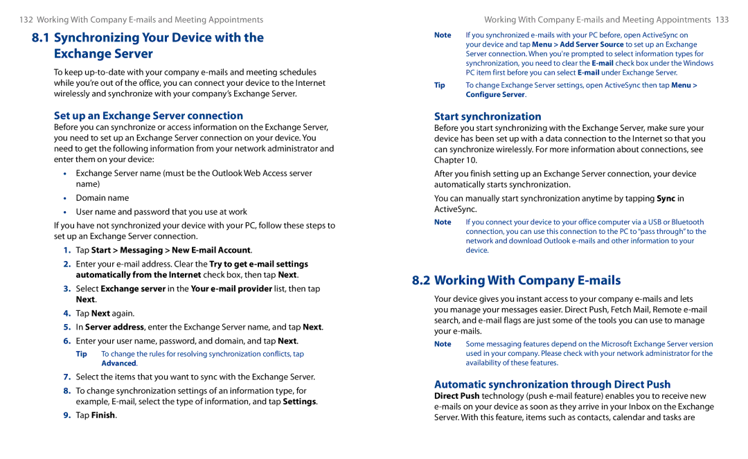 HTC HS S00 Synchronizing Your Device with the Exchange Server, Working With Company E-mails, Start synchronization 