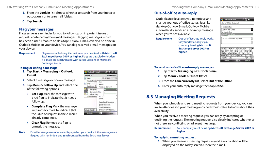 HTC HS S00 Flag your messages, Out-of-office auto-reply, To flag or unflag a message, To reply to a meeting request 