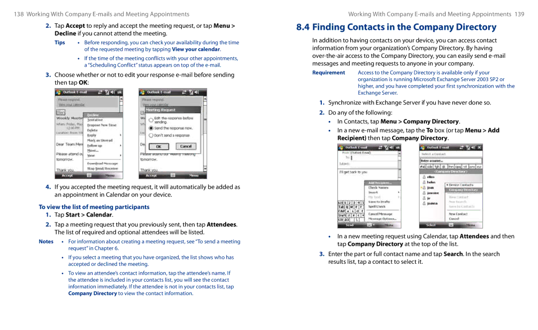 HTC HS S00 user manual To view the list of meeting participants, Contacts, tap Menu Company Directory 