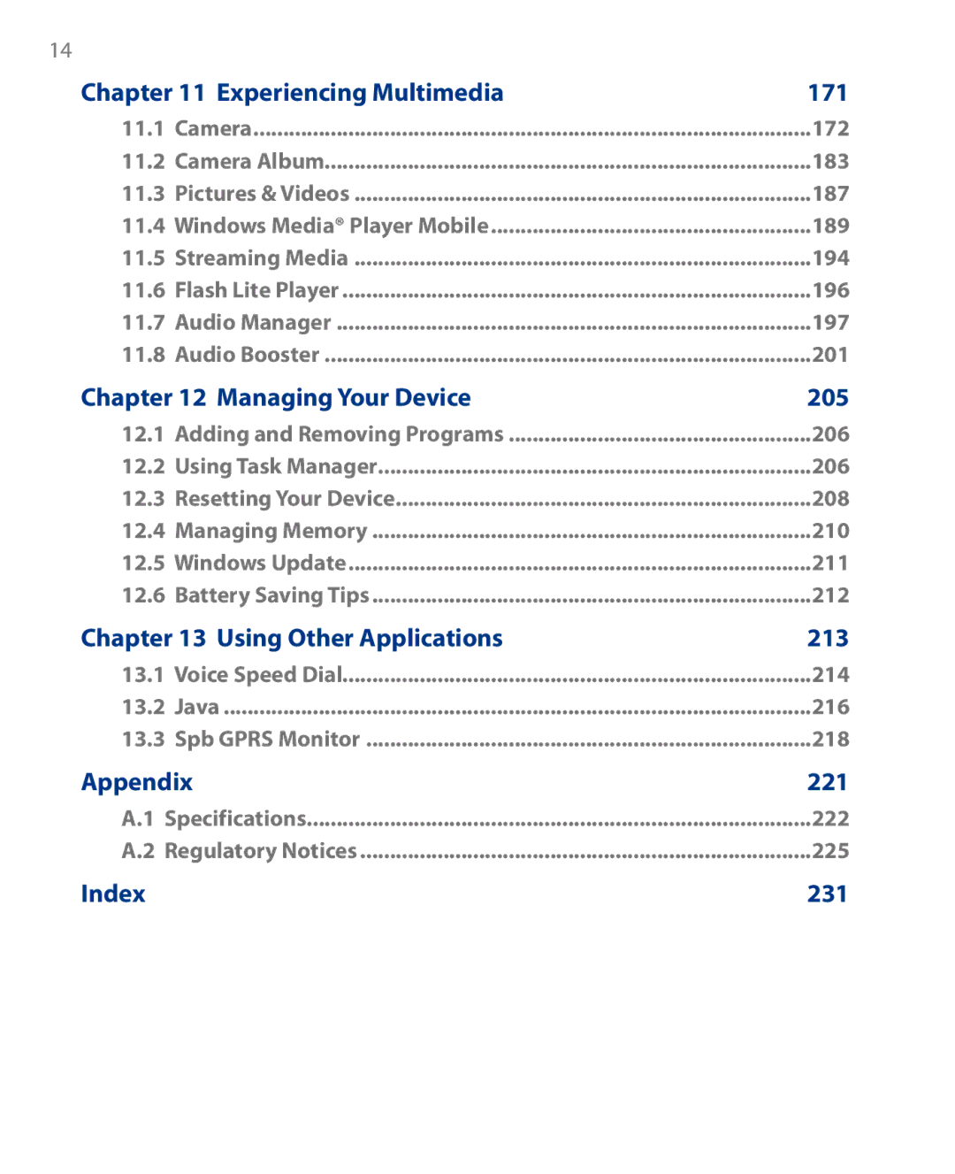 HTC HS S00 user manual 171, 205, 213, 221, 231 