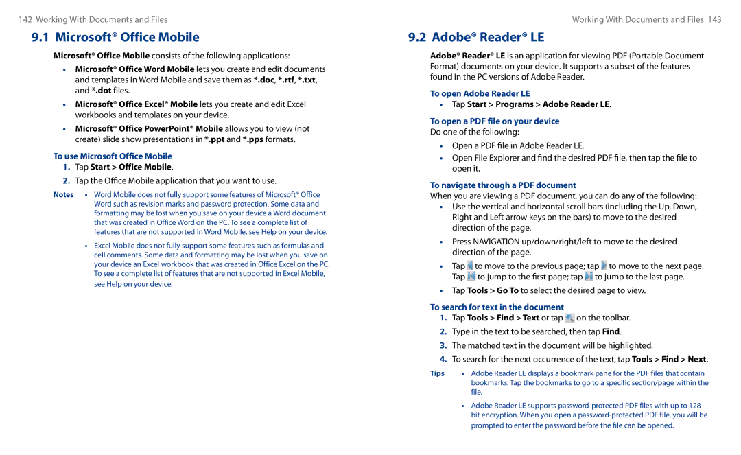 HTC HS S00 user manual To use Microsoft Office Mobile, To open Adobe Reader LE, To search for text in the document 