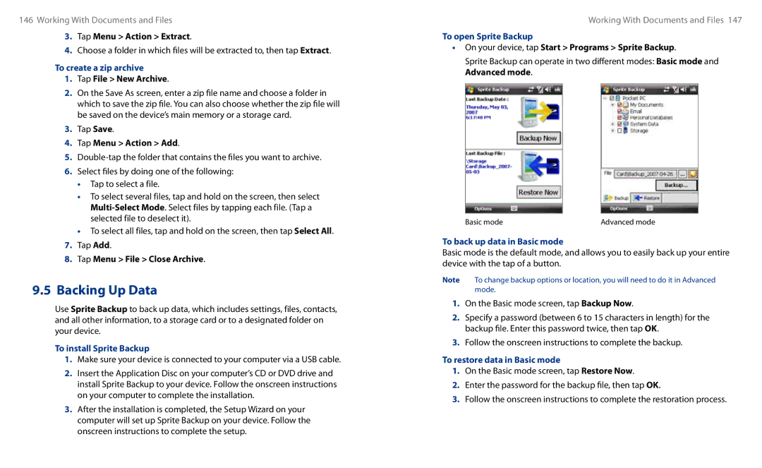 HTC HS S00 To create a zip archive, To install Sprite Backup, To open Sprite Backup, To back up data in Basic mode 