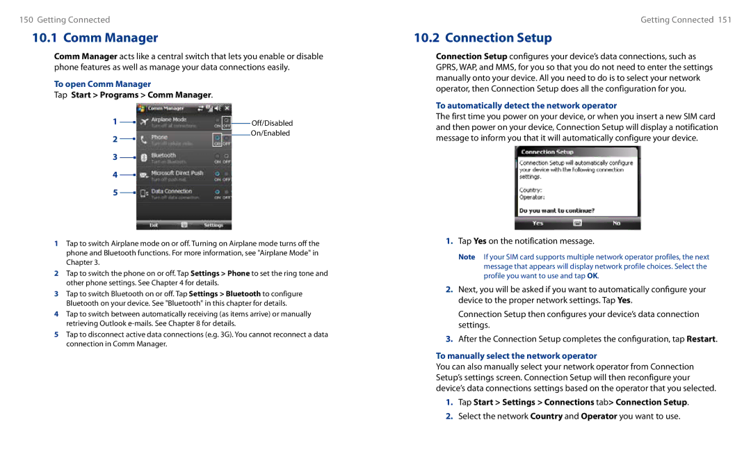 HTC HS S00 To open Comm Manager, To automatically detect the network operator, To manually select the network operator 