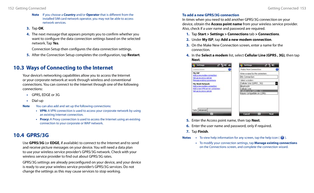 HTC HS S00 user manual To add a new GPRS/3G connection, Tap Finish 