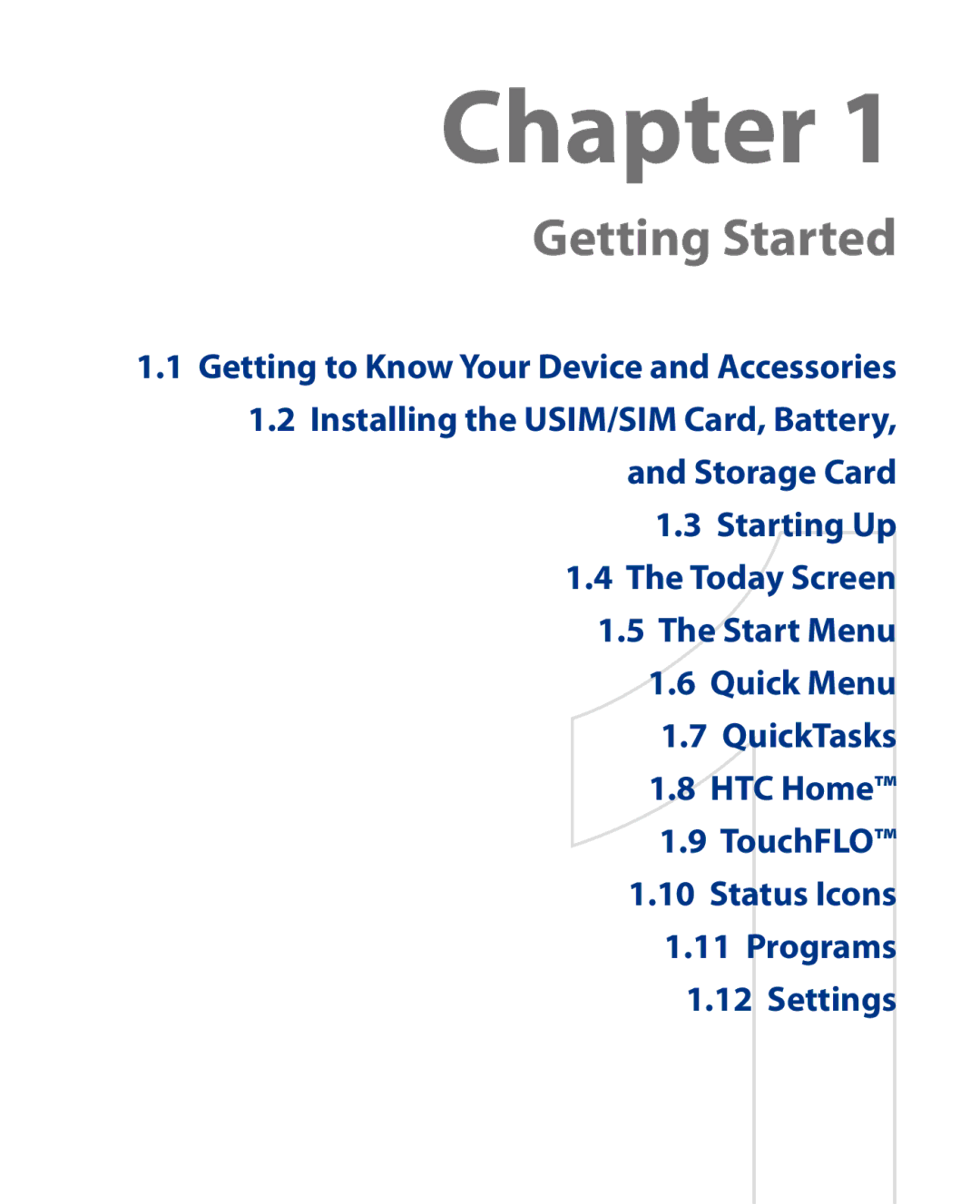 HTC HS S00 user manual Chapter, Getting to Know Your Device and Accessories 