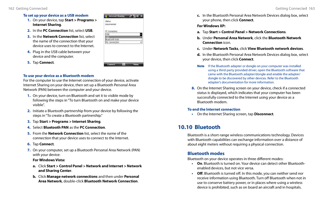 HTC HS S00 Bluetooth modes, To set up your device as a USB modem, Tap Connect, To use your device as a Bluetooth modem 