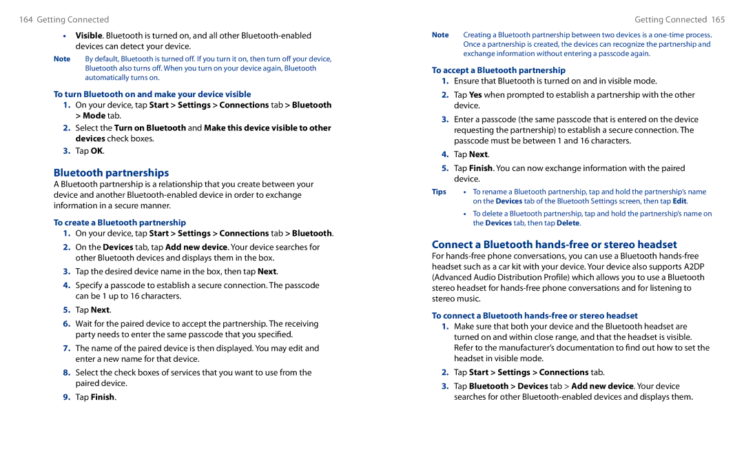 HTC HS S00 user manual Bluetooth partnerships, Connect a Bluetooth hands-free or stereo headset 