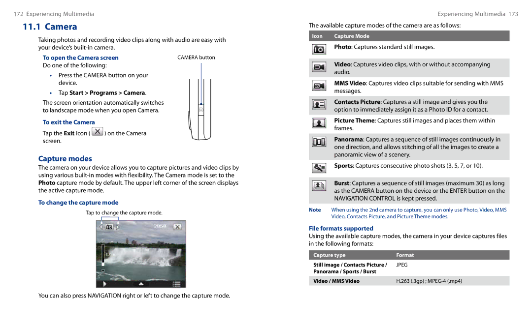 HTC HS S00 user manual Camera, Capture modes 