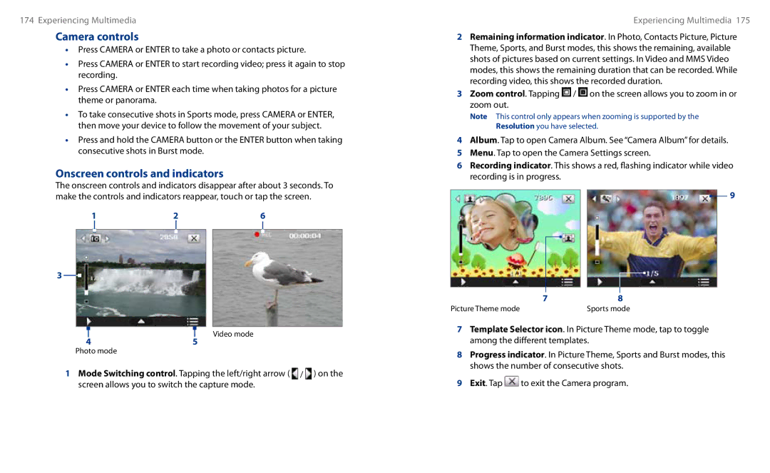 HTC HS S00 user manual Camera controls, Onscreen controls and indicators, Among the different templates, Sports mode 