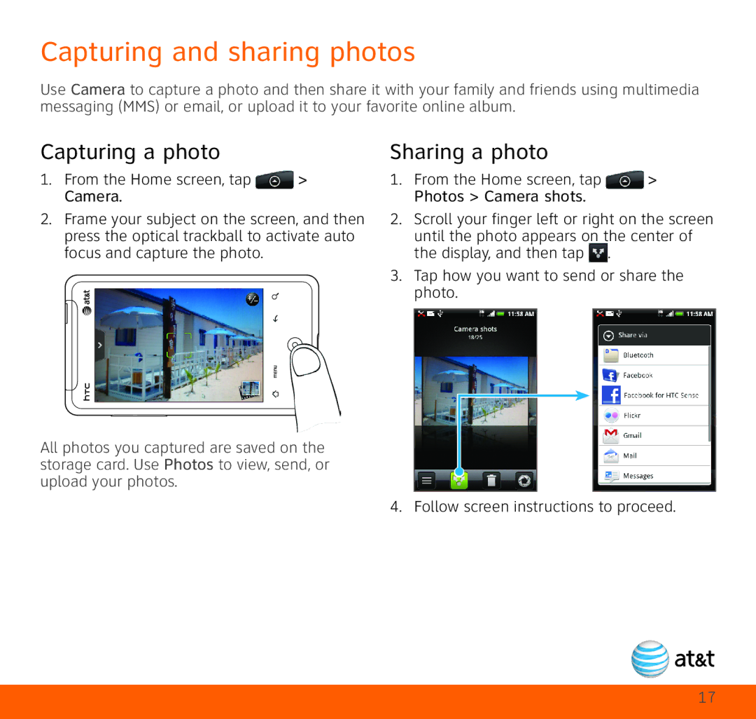 HTC HTC Aria quick start Capturing and sharing photos, Capturing a photo, Sharing a photo 
