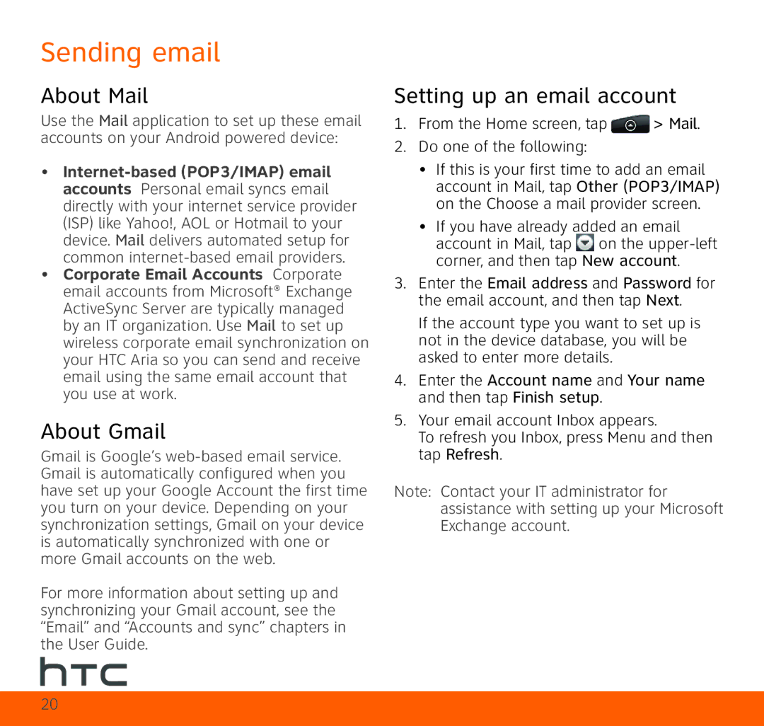 HTC HTC Aria quick start Sending email, About Mail, About Gmail, Setting up an email account 