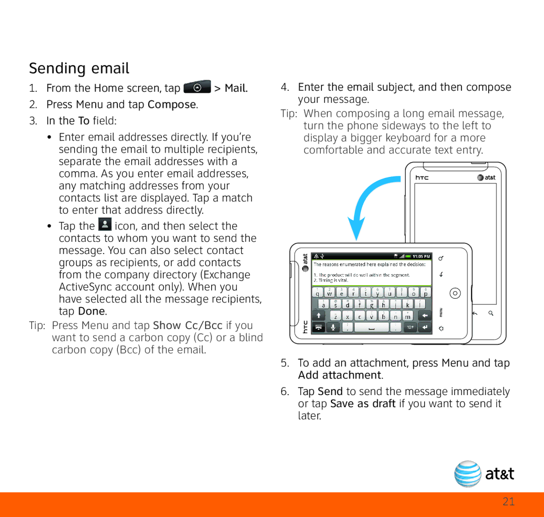 HTC HTC Aria quick start Sending email, Enter the email subject, and then compose your message 