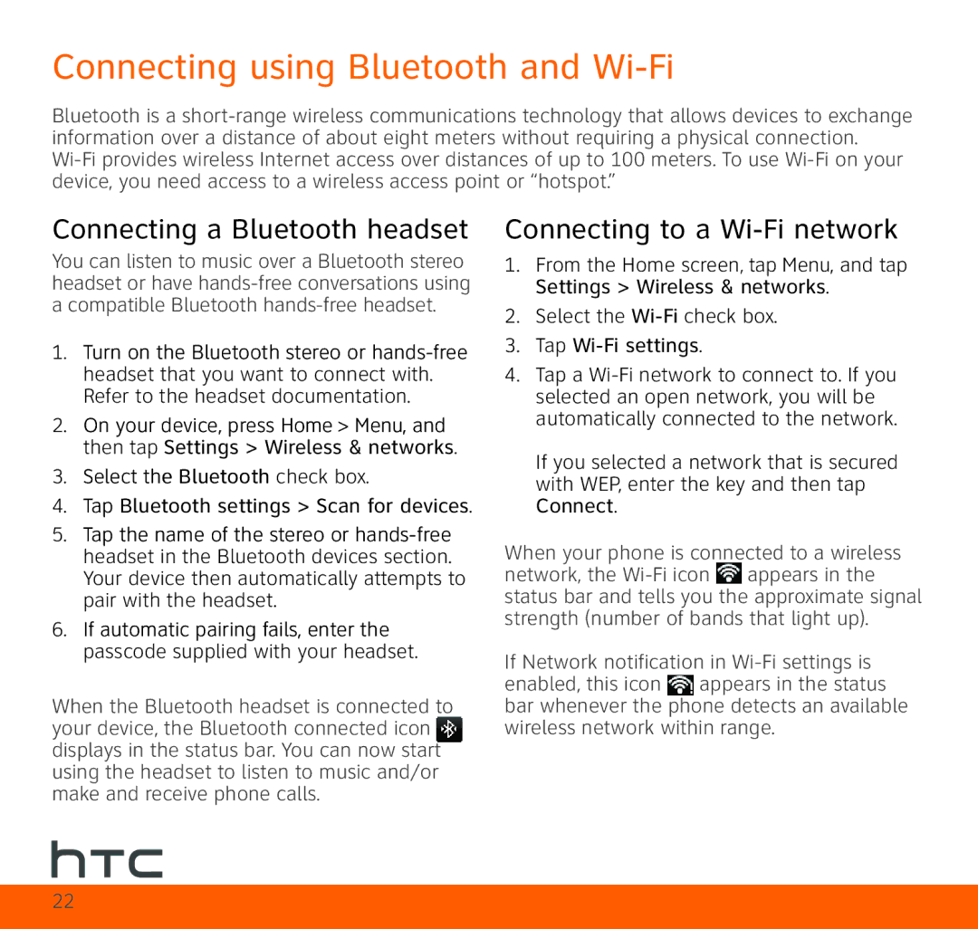 HTC HTC Aria Connecting using Bluetooth and Wi-Fi, Connecting a Bluetooth headset, Connecting to a Wi-Fi network 