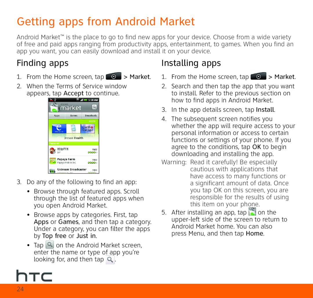 HTC HTC Aria quick start Getting apps from Android Market, Finding apps, Installing apps 