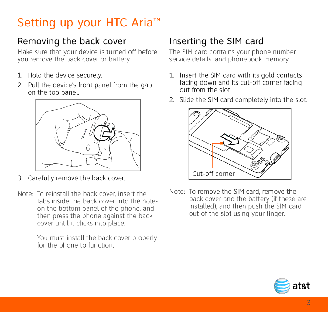 HTC quick start Setting up your HTC Aria, Removing the back cover, Inserting the SIM card 