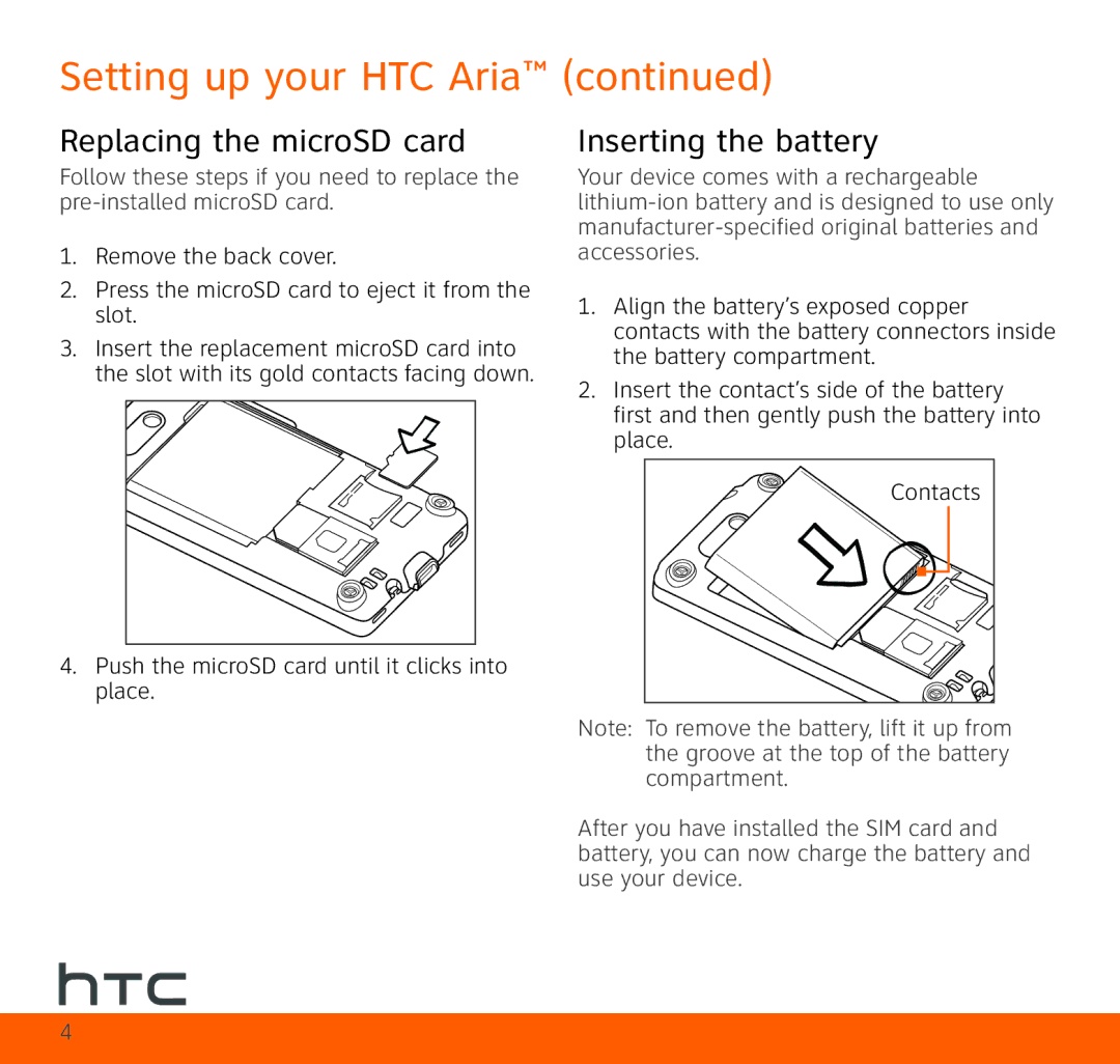 HTC HTC Aria quick start Replacing the microSD card, Inserting the battery 