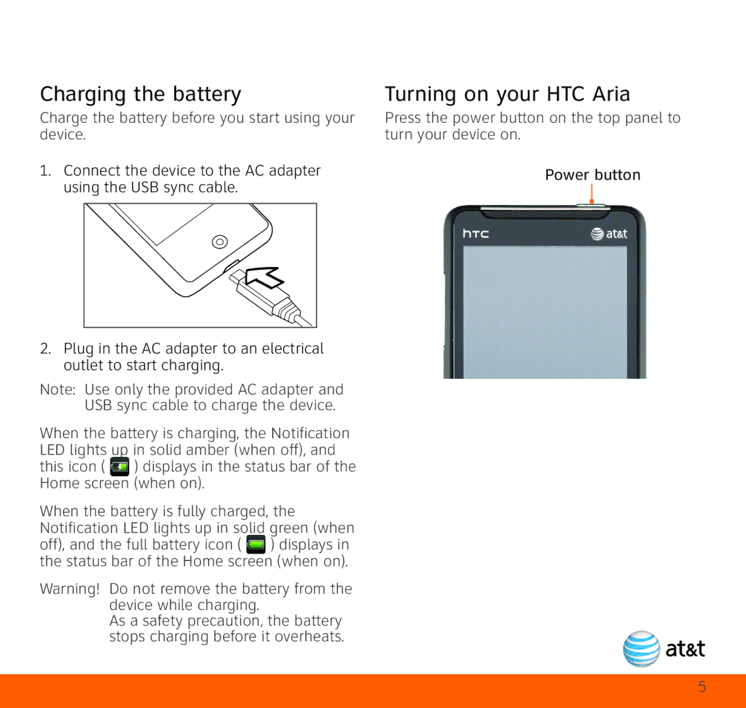 HTC quick start Charging the battery, Turning on your HTC Aria 