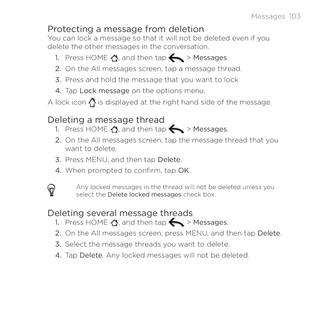 HTC HTC Desire manual Protecting a message from deletion, Deleting a message thread, Deleting several message threads 