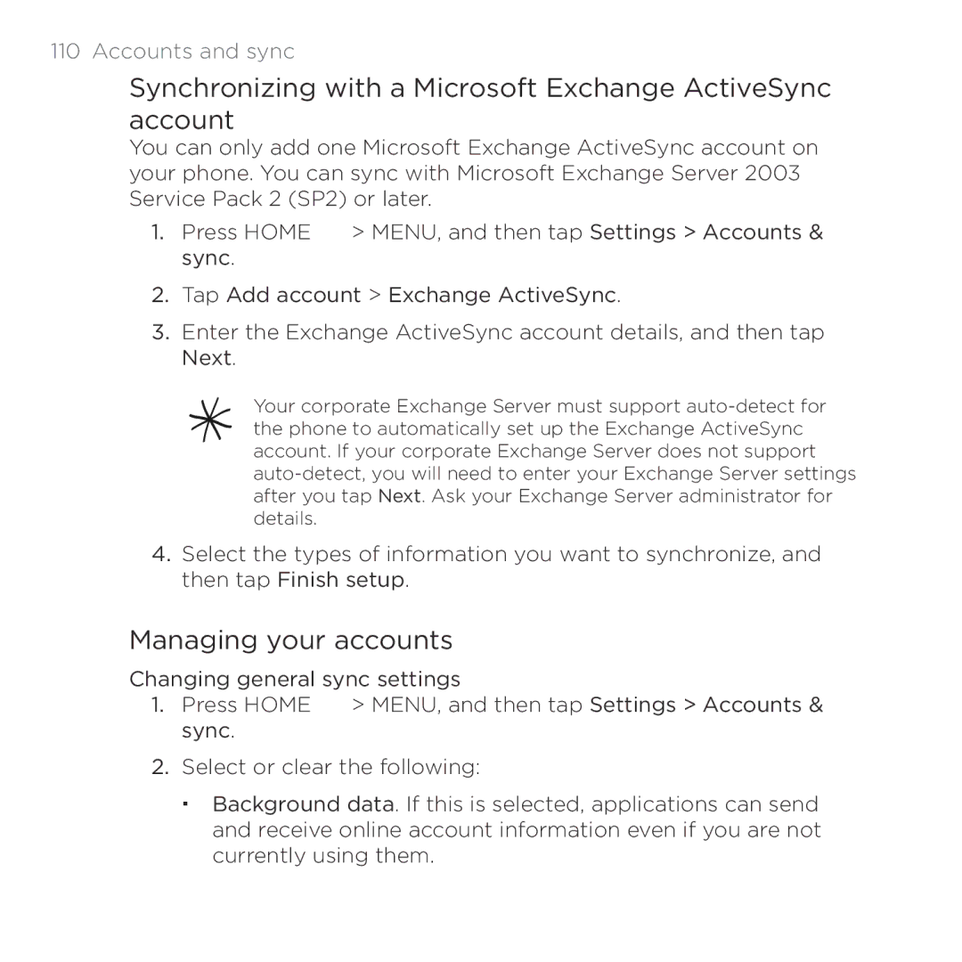 HTC HTC Desire manual Synchronizing with a Microsoft Exchange ActiveSync account, Managing your accounts, Accounts and sync 