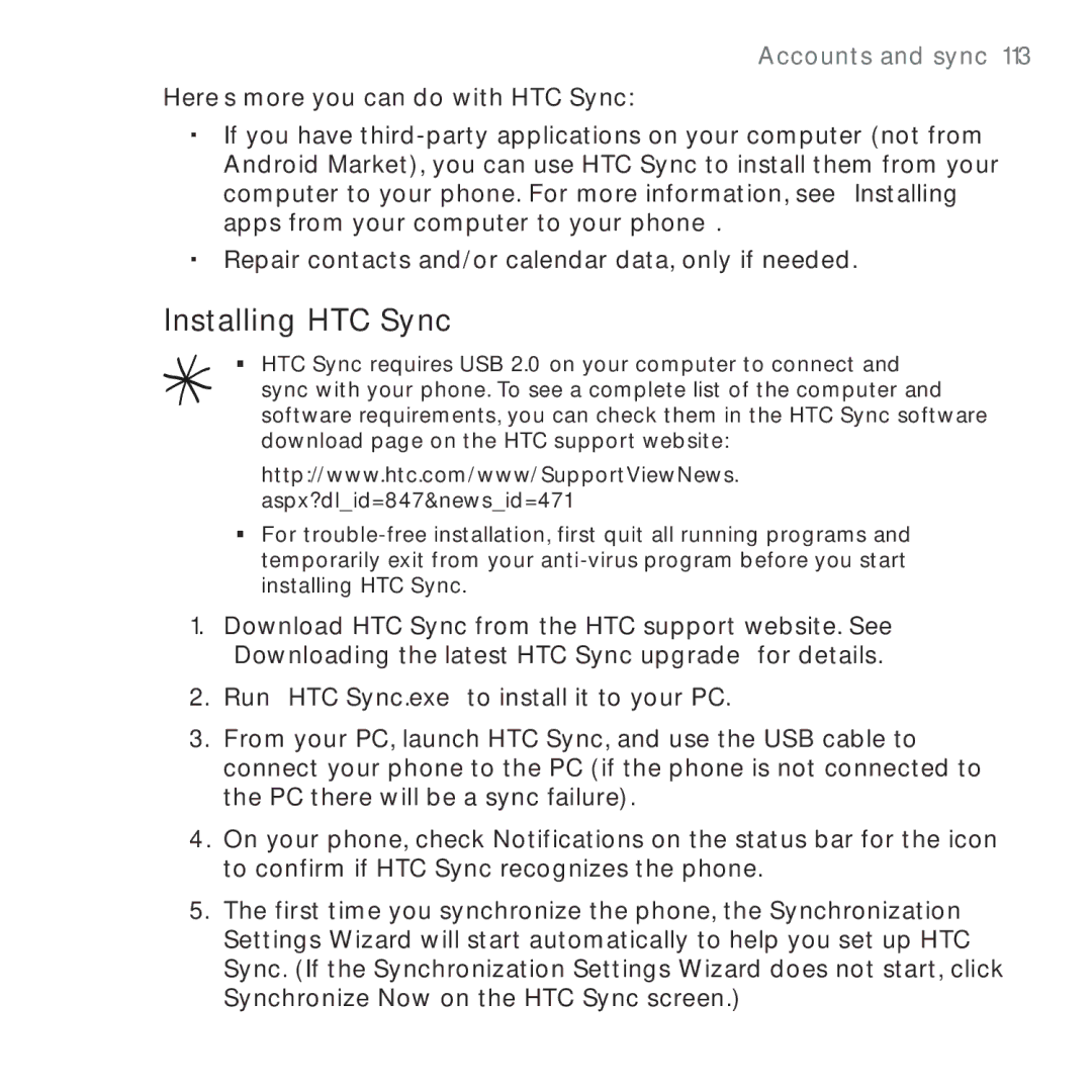 HTC HTC Desire manual Installing HTC Sync 