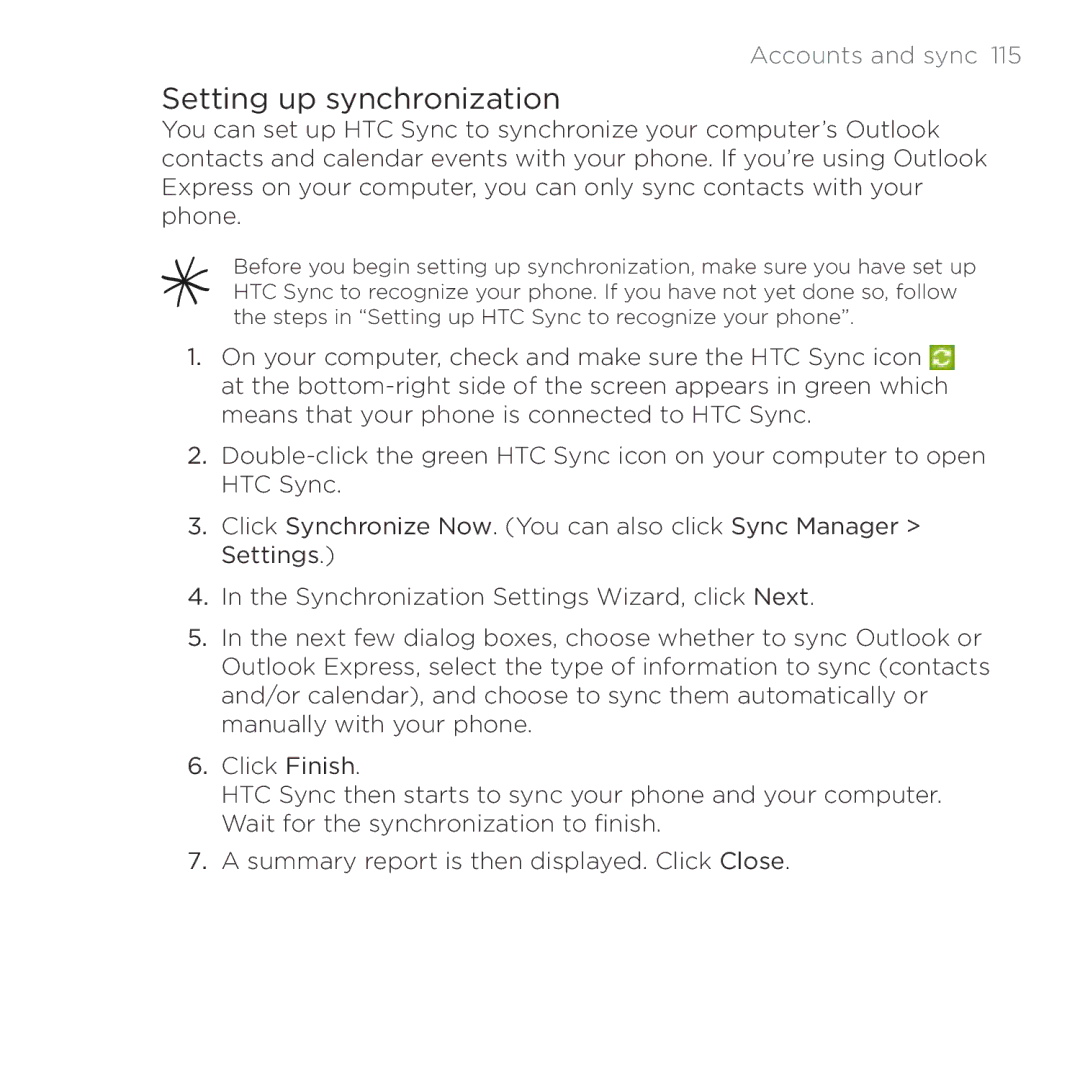 HTC HTC Desire manual Setting up synchronization 