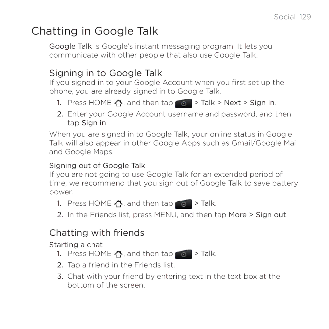 HTC HTC Desire manual Chatting in Google Talk, Signing in to Google Talk, Chatting with friends 