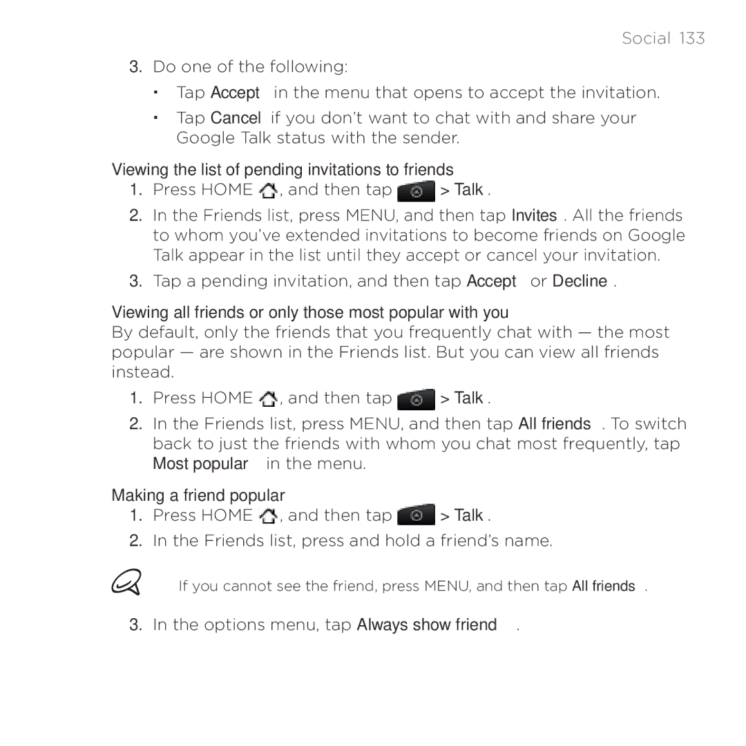 HTC HTC Desire manual Options menu, tap Always show friend 