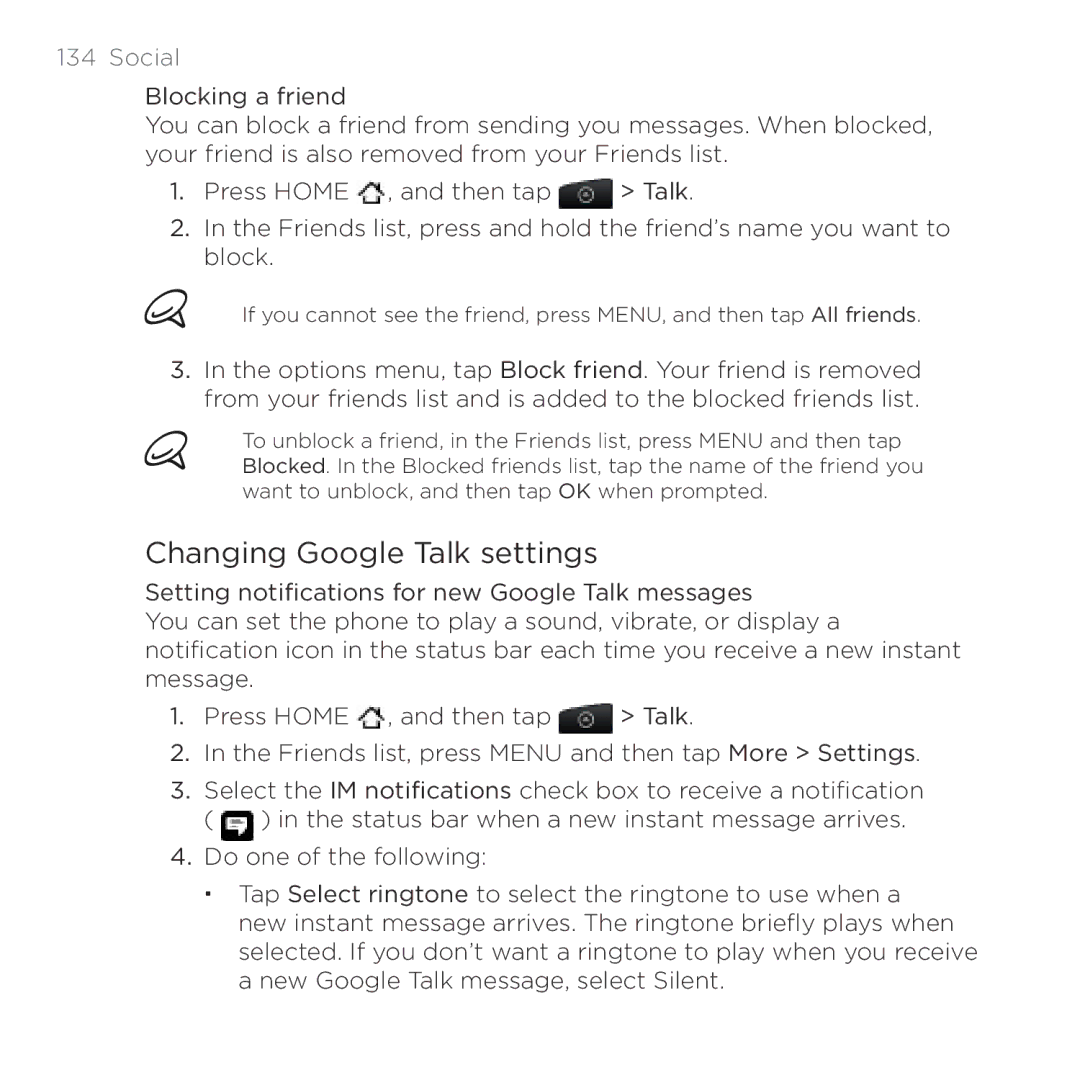 HTC HTC Desire manual Changing Google Talk settings 