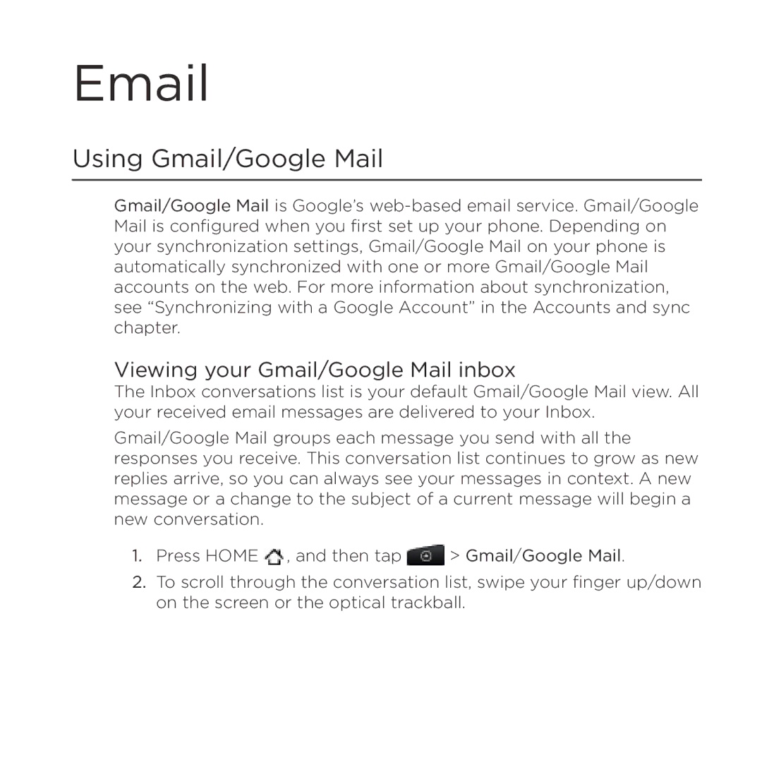 HTC HTC Desire manual Using Gmail/Google Mail, Viewing your Gmail/Google Mail inbox 