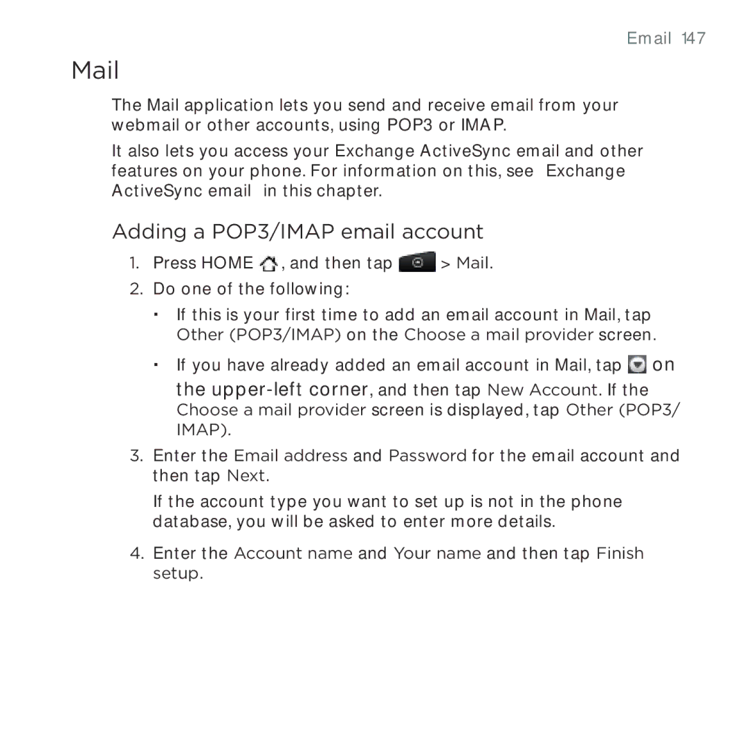 HTC HTC Desire manual Mail, Adding a POP3/IMAP email account 