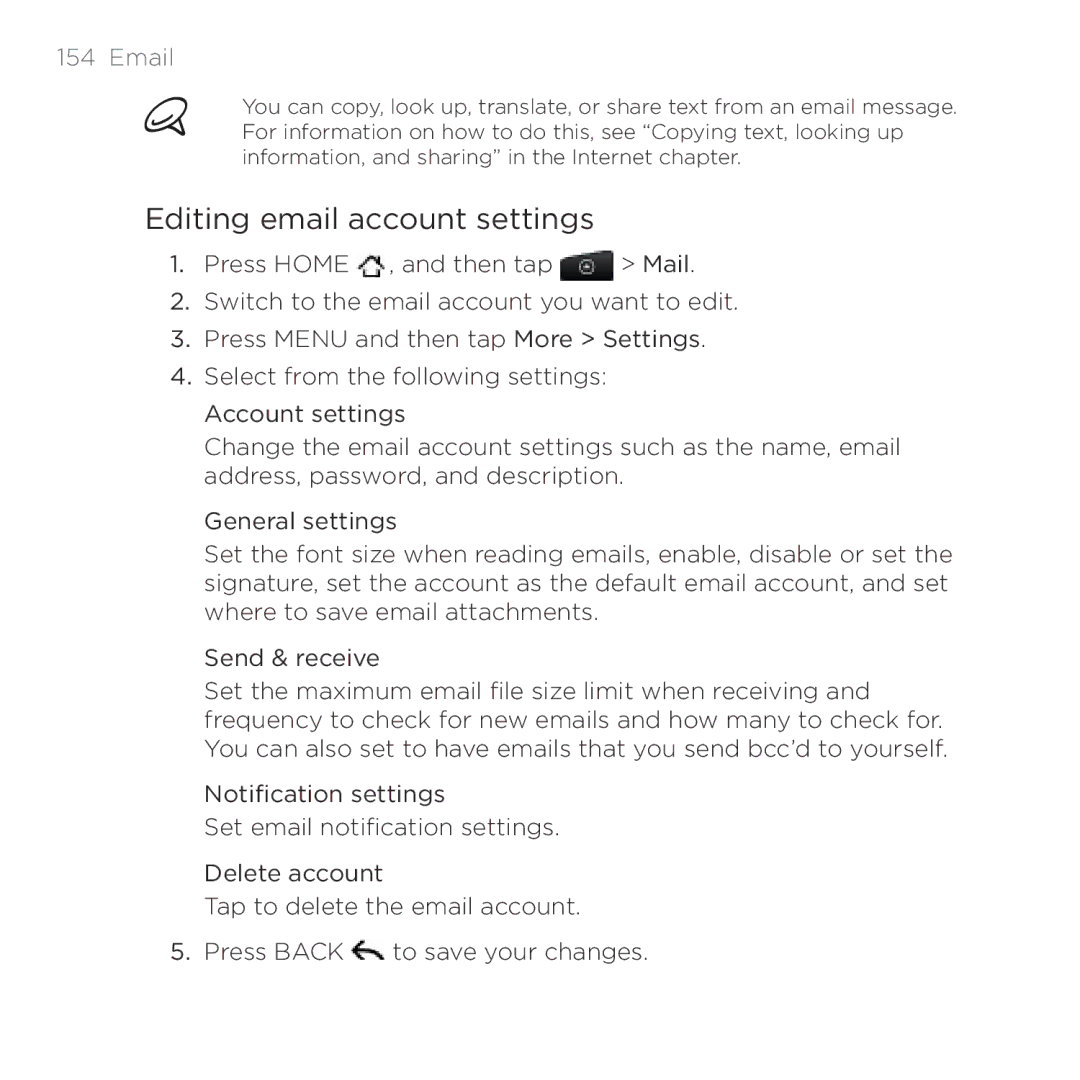 HTC HTC Desire manual Editing email account settings 