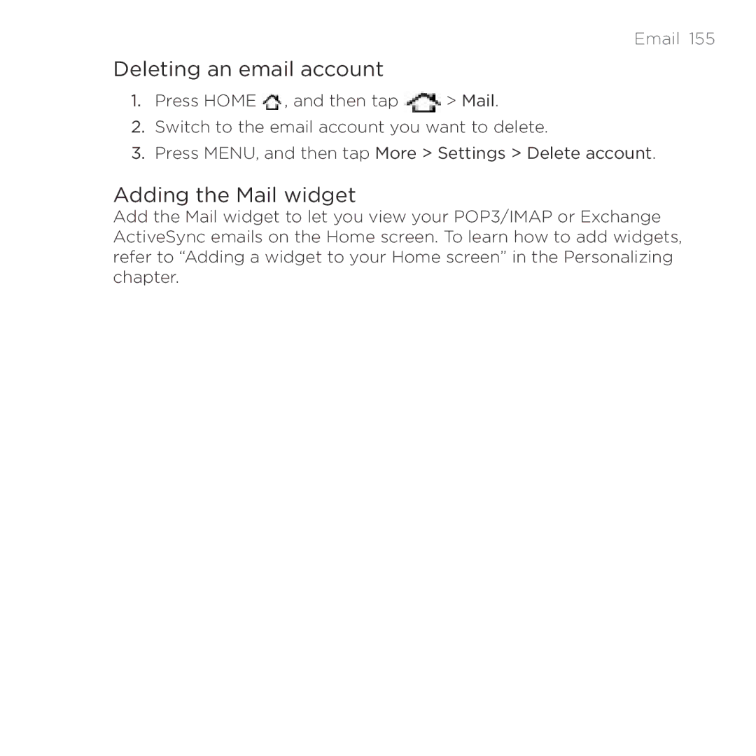 HTC HTC Desire manual Deleting an email account, Adding the Mail widget 