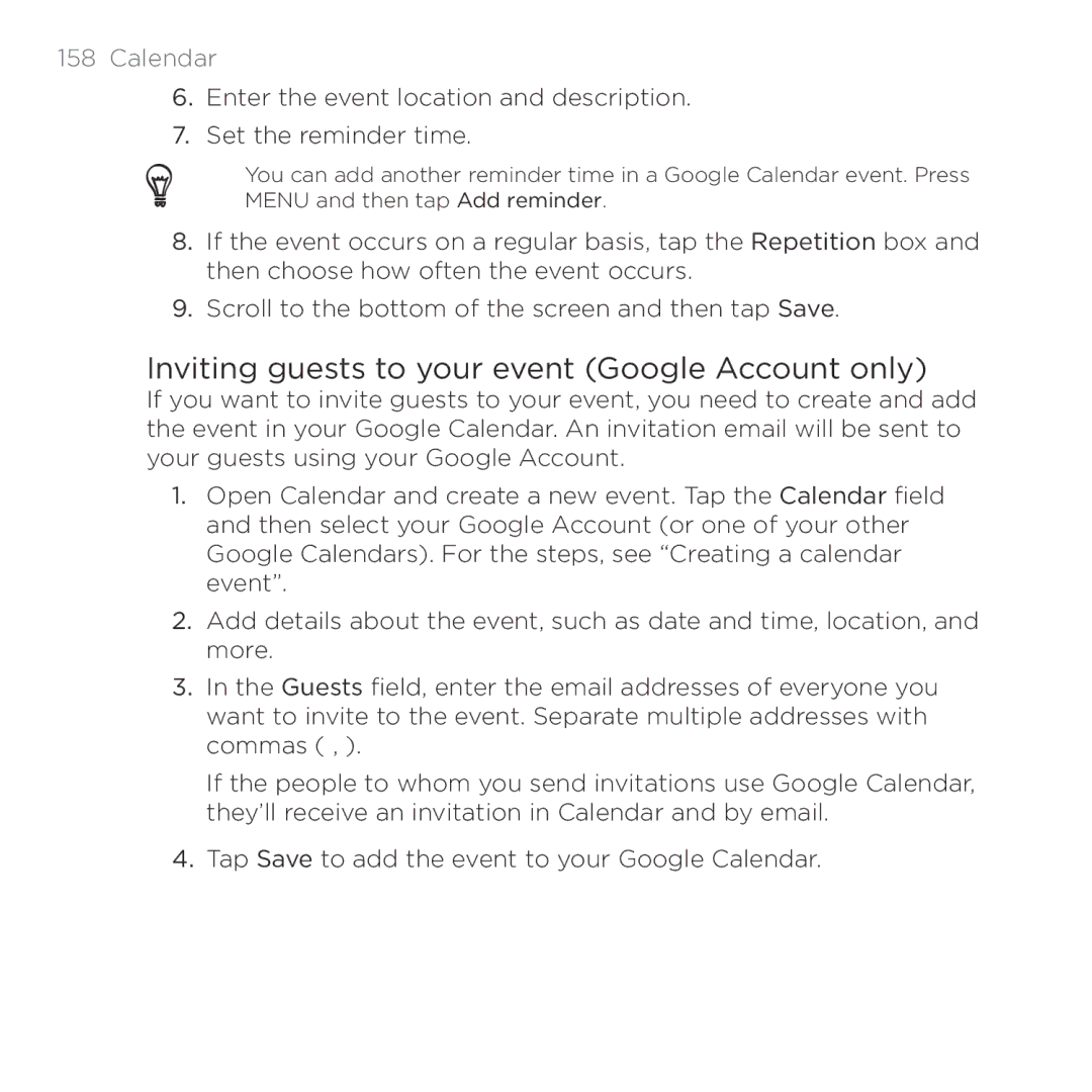 HTC HTC Desire manual Inviting guests to your event Google Account only, Calendar 