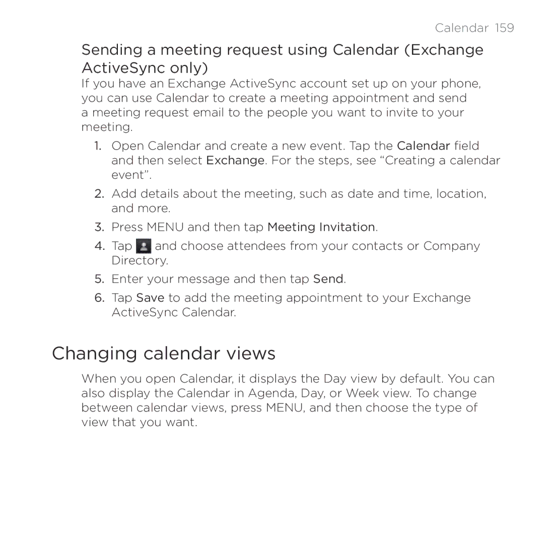 HTC HTC Desire manual Changing calendar views 