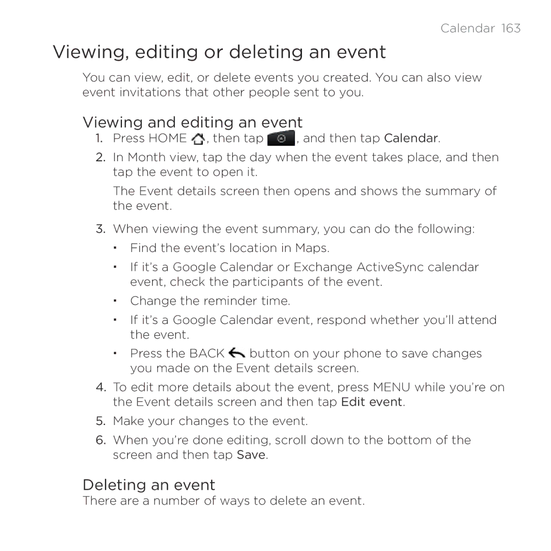 HTC HTC Desire manual Viewing, editing or deleting an event, Viewing and editing an event, Deleting an event 